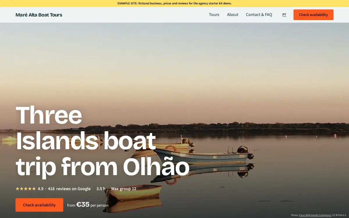 Exemplo de site de passeios de barco